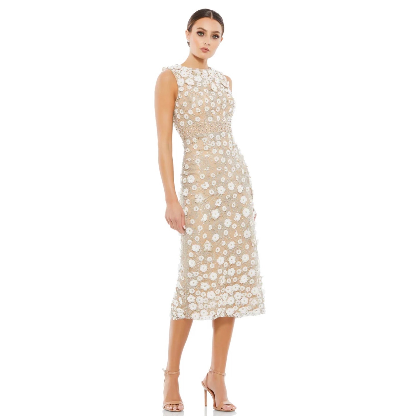 Mac Duggal 67853 Beaded Floral Applique Ivory Nude Midi Sheath Dress Size 10 Nwt
